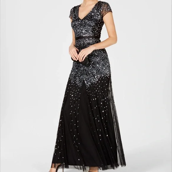 Sz 14 Adrianna Papell beaded chiffon black floor-length gown, V-neckline, NWT - Picture 2 of 14